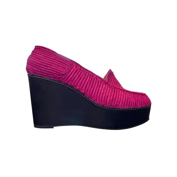 Carven x Robert Clergerie Pink Raffia Platform Wedge Loafer Size 40 / US 9.5 - Picture 8 of 9